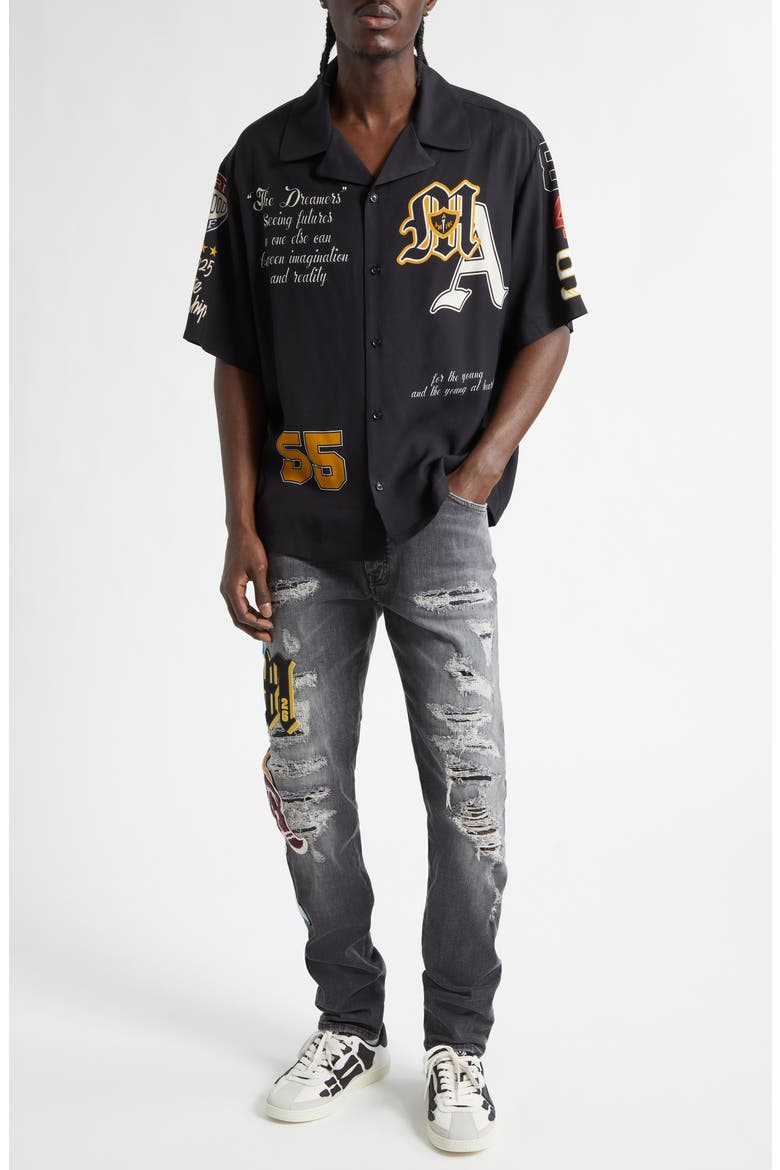 Varsity Patch Oversize Camp Shirt, Alternate, color, BLACK