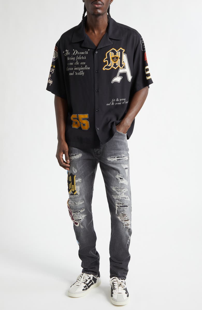 AMIRI Varsity Patch Oversize Camp Shirt, Alternate, color, Black