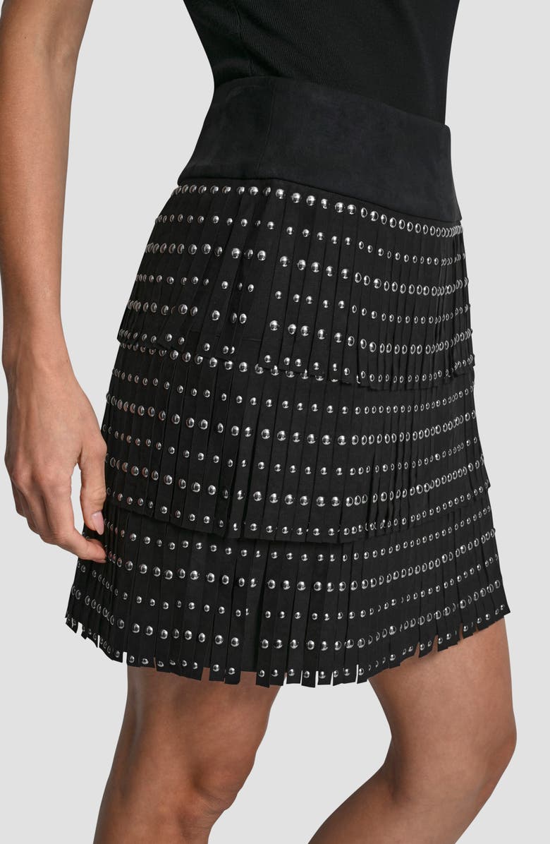 DKNY Stud Fringe Miniskirt, Alternate, color, Black
