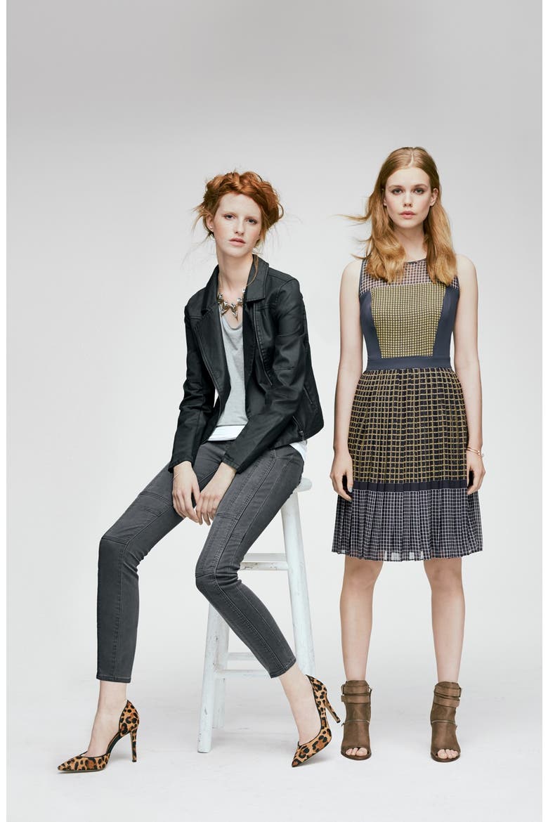 Print Fit & Flare Dress, Alternate, color, BLACK- NAVY ENGINEERED GRID