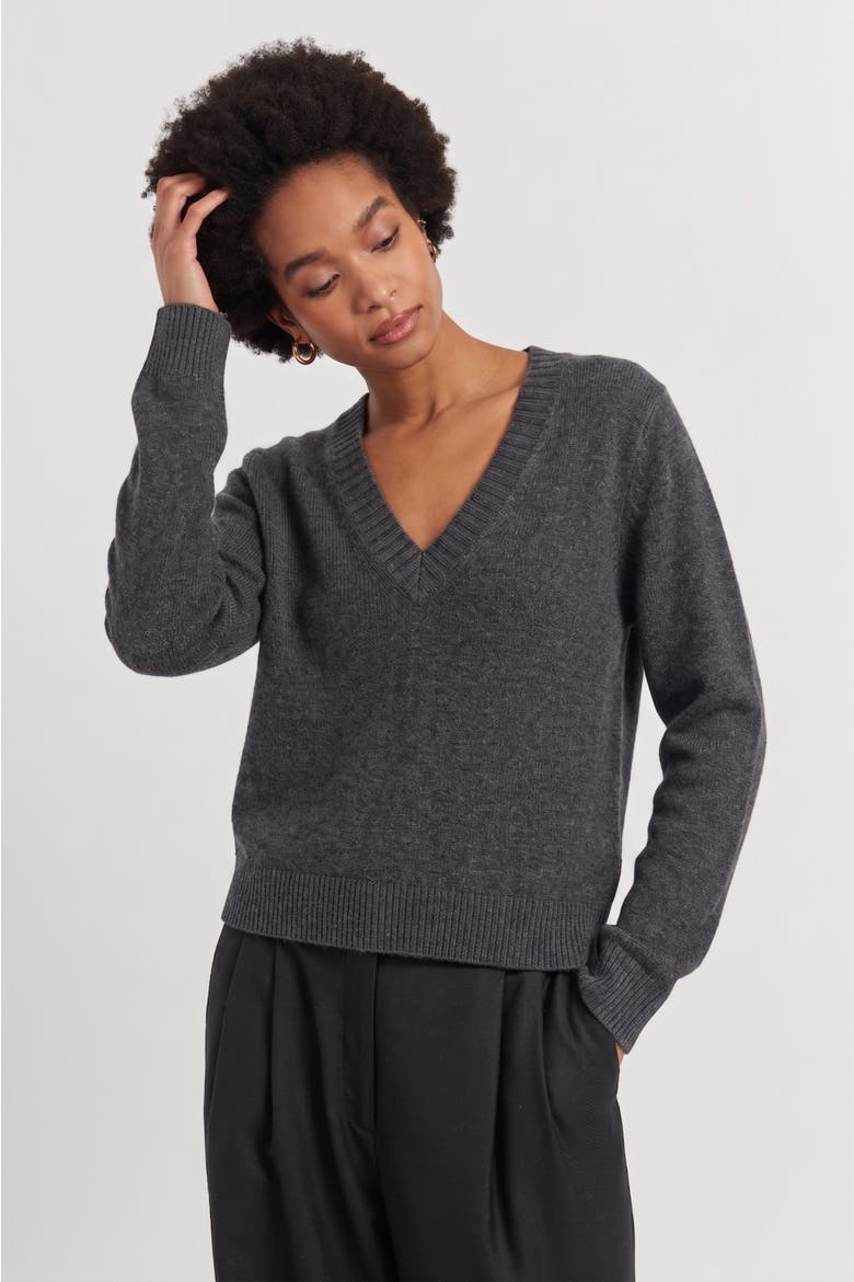 Wool-Cashmere V-Neck Sweater, Alternate, color, Grey