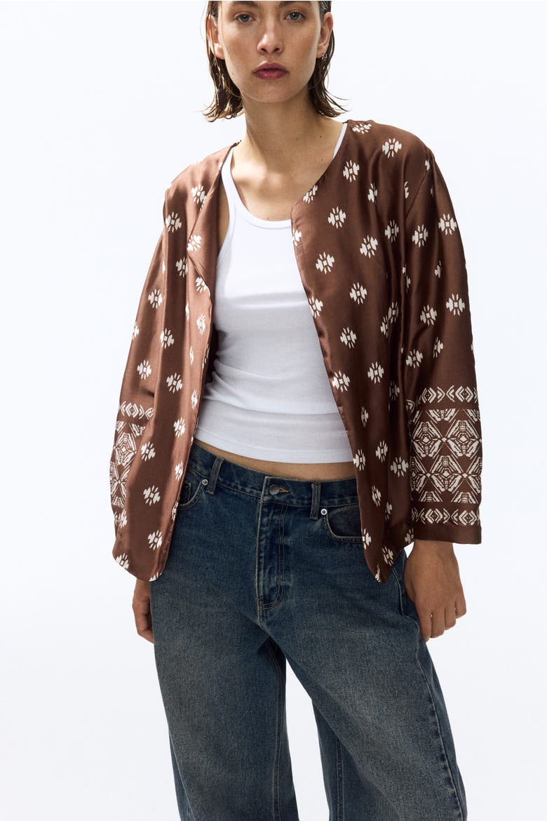 Tie-belt Satin Blazer, Alternate, color, Brown/patterned