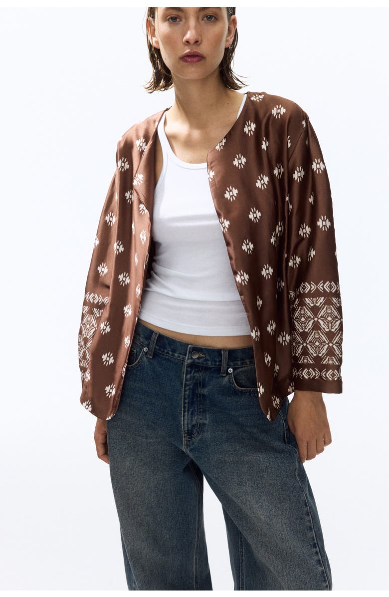 H&M Tie-belt Satin Blazer, Alternate, color, Brown/Patterned
