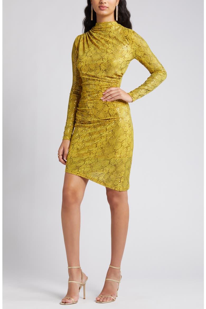Goldie Sequin Ruched Asymmetric Long Sleeve Dress, Alternate, color, GOLD