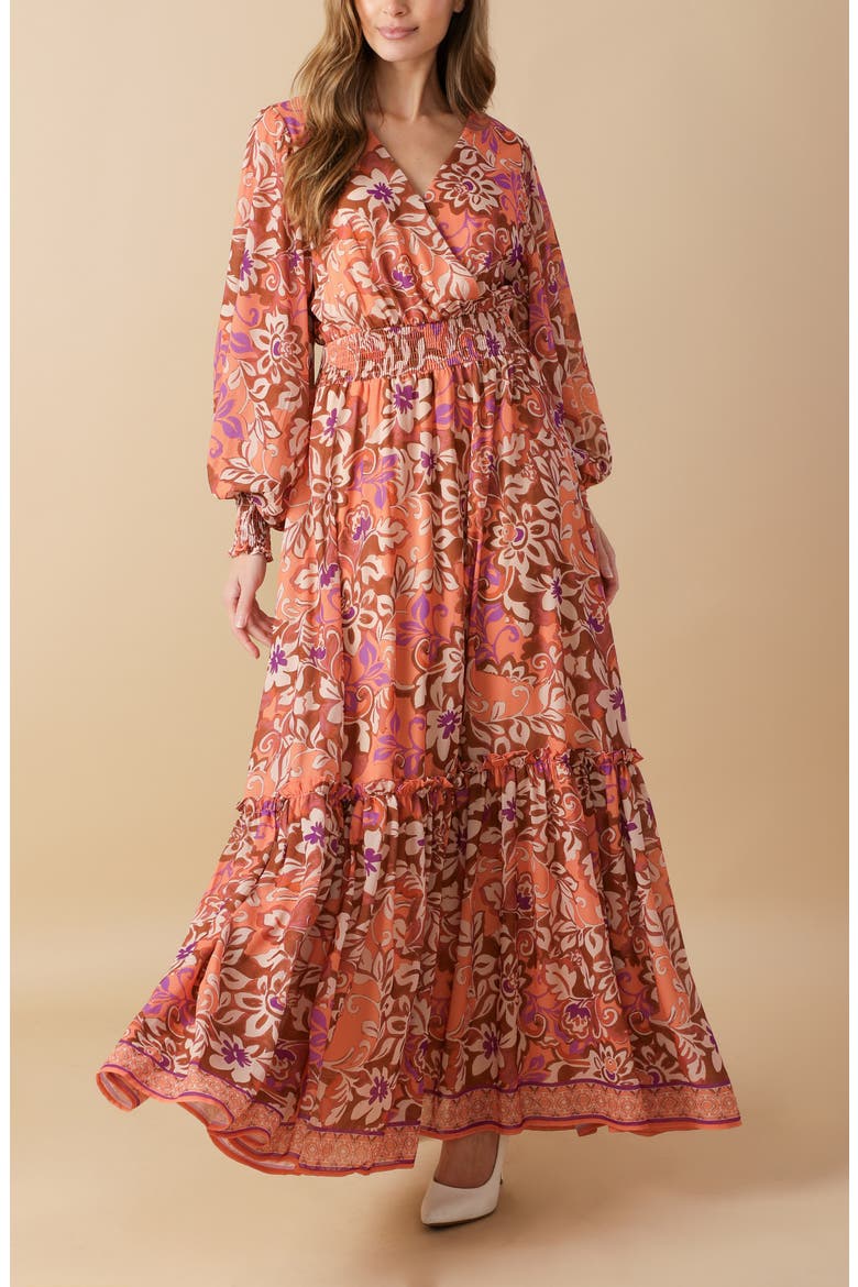 Print Long Sleeve Maxi Dress, Alternate, color, ORANGE/ BROWN/ PURPLE
