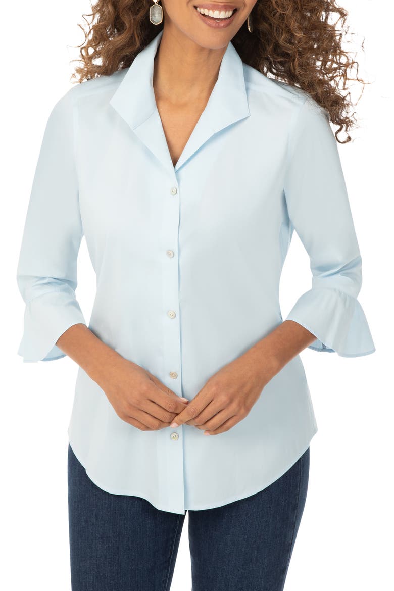 Ruffle Cuff Non-Iron Button Front Top, Main, color, BLUE WHISPER