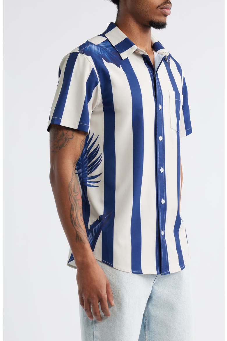 Stripe Palm Frond Short Sleeve Performance Button-Up Shirt, Alternate, color, BLUE