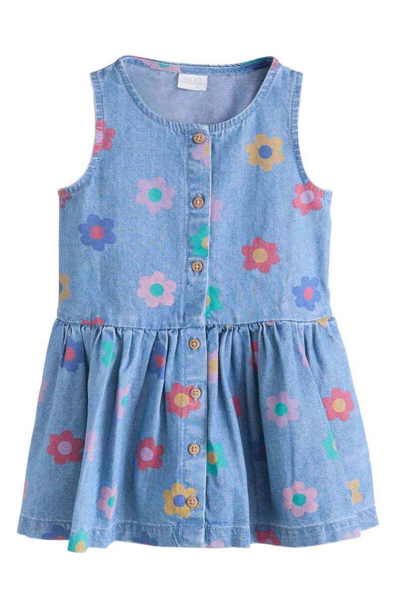 NEXT Kids' Floral Print Sleeveless Denim Dress, Main, color, Blue