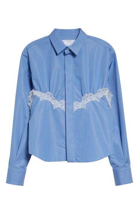 Stripe Lace Trim Poplin Button-Up Shirt