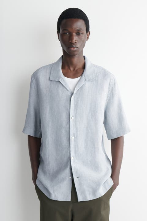 Camp-Collar Short-Sleeved Linen Shirt