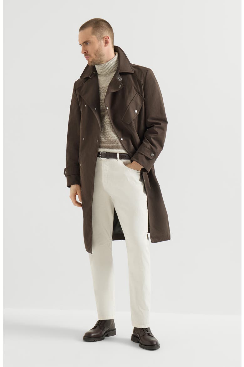Water-resistant microfiber motorcyle trench with nappa leather inserts, Alternate, color, Brown