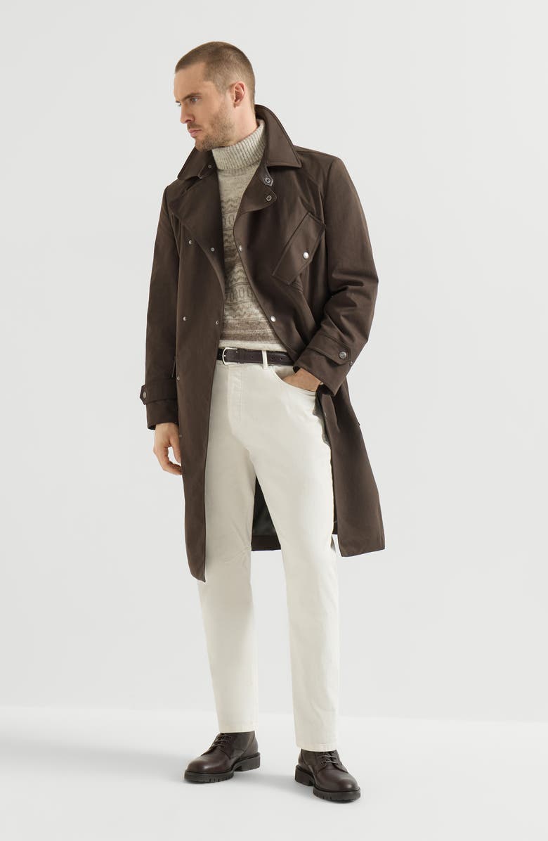 Brunello Cucinelli Water-resistant microfiber motorcyle trench with nappa leather inserts, Alternate, color, Brown