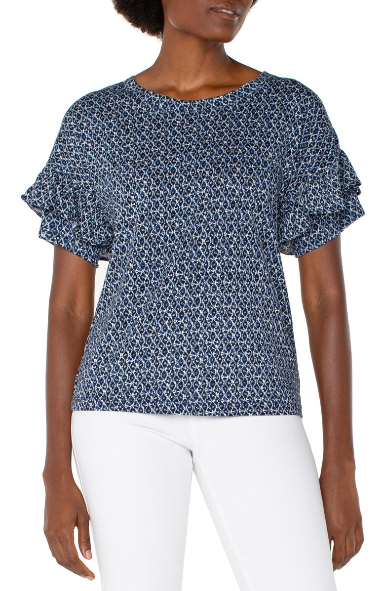 Liverpool Los Angeles Batik Tiered Ruffle Sleeve Jersey Top, Main, color, 