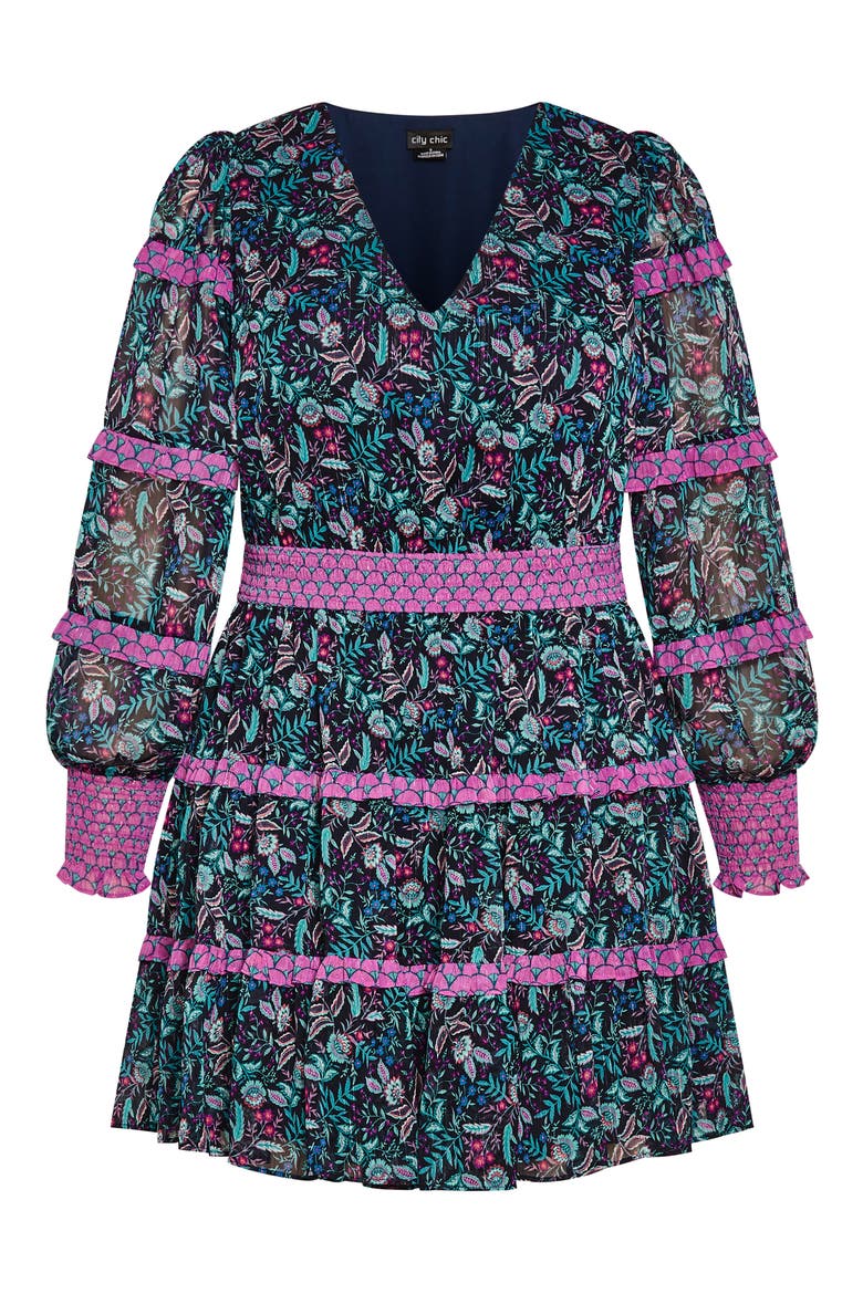 Iris Metallic Stripe Print Long Sleeve Tiered Dress, Alternate, color, PURPLE FLORAL