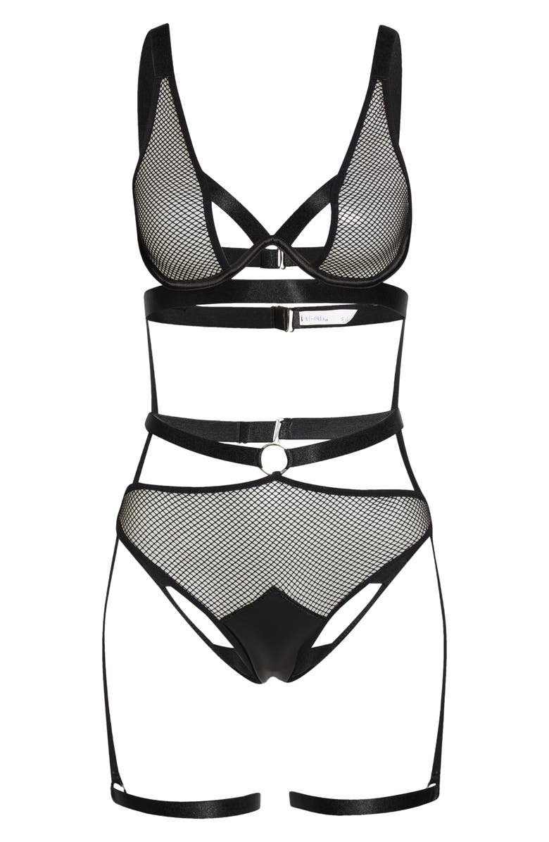 Oh La La Cheri Fishnet Bralette, Open Back Panties & Suspenders Set, Alternate, color, 