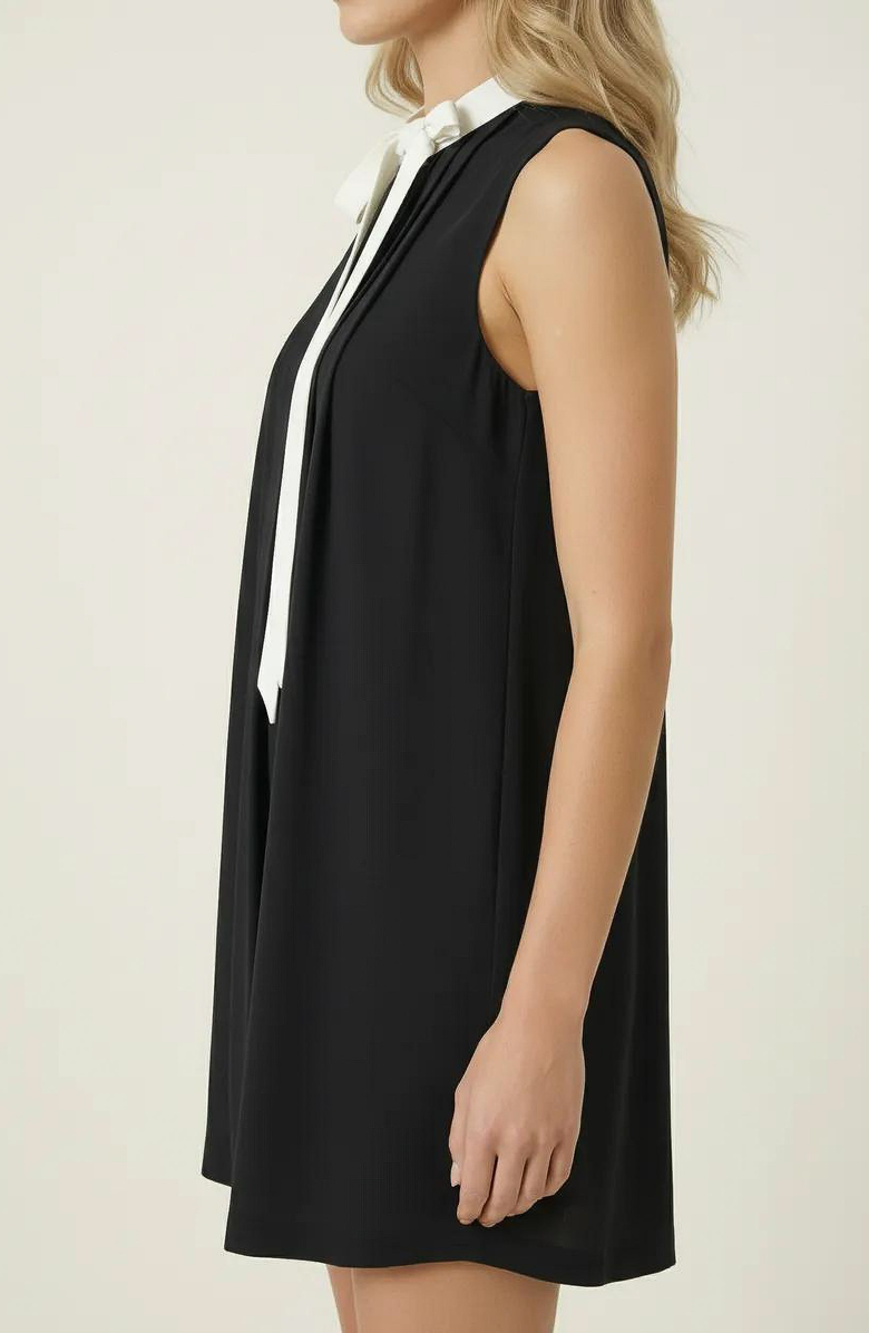 Modenaire Sleeveless Shift Dress with Contrast Tie Neck and Pleat Detail, Alternate, color, Black / White