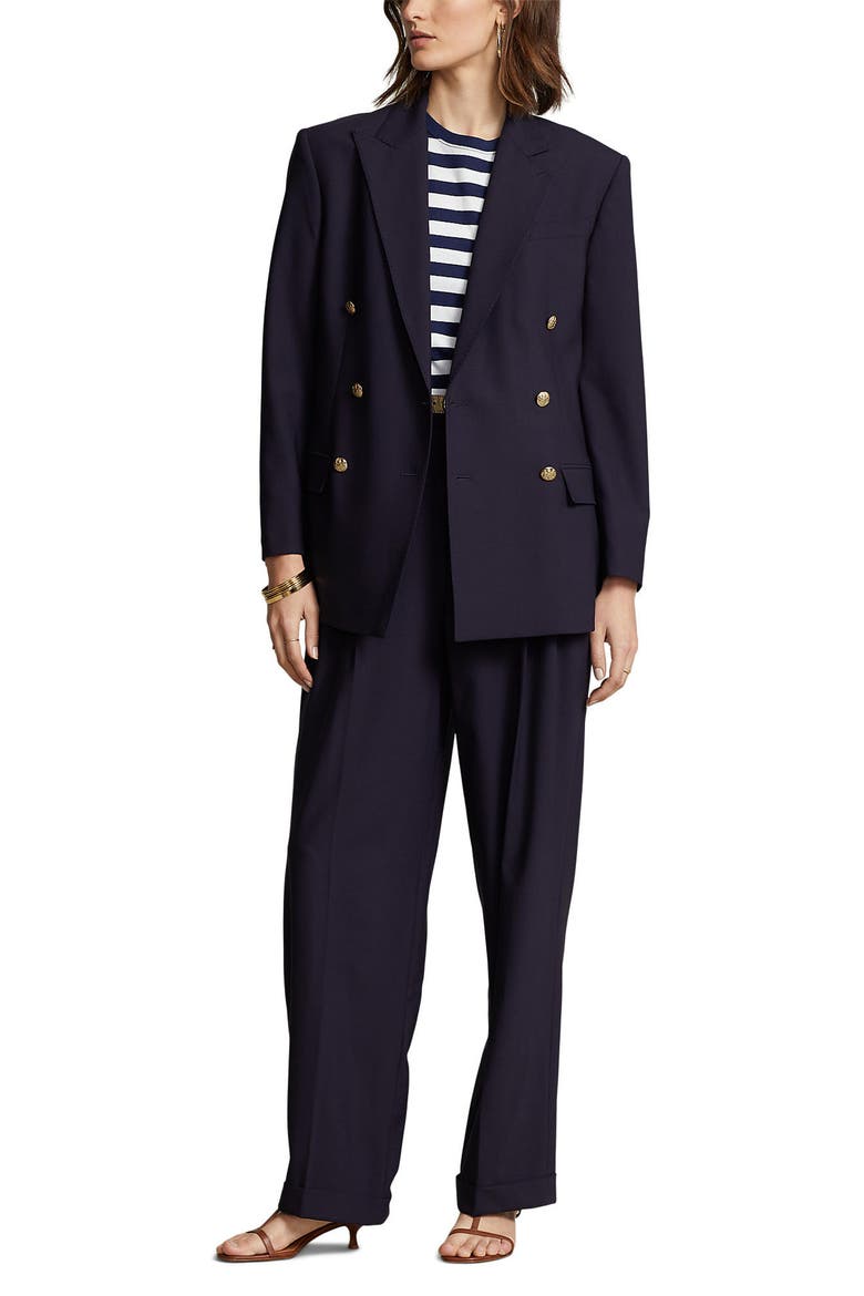 Double Breasted Stretch Wool Jacket, Alternate, color, NAVY