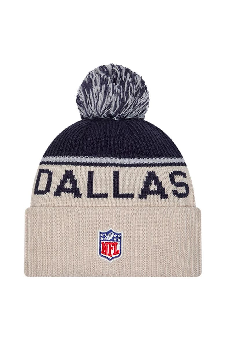 Men's New Era Stone Dallas Cowboys NFL Sideline Historic Cuffed Knit Hat with Pom, Alternate, color, Stone