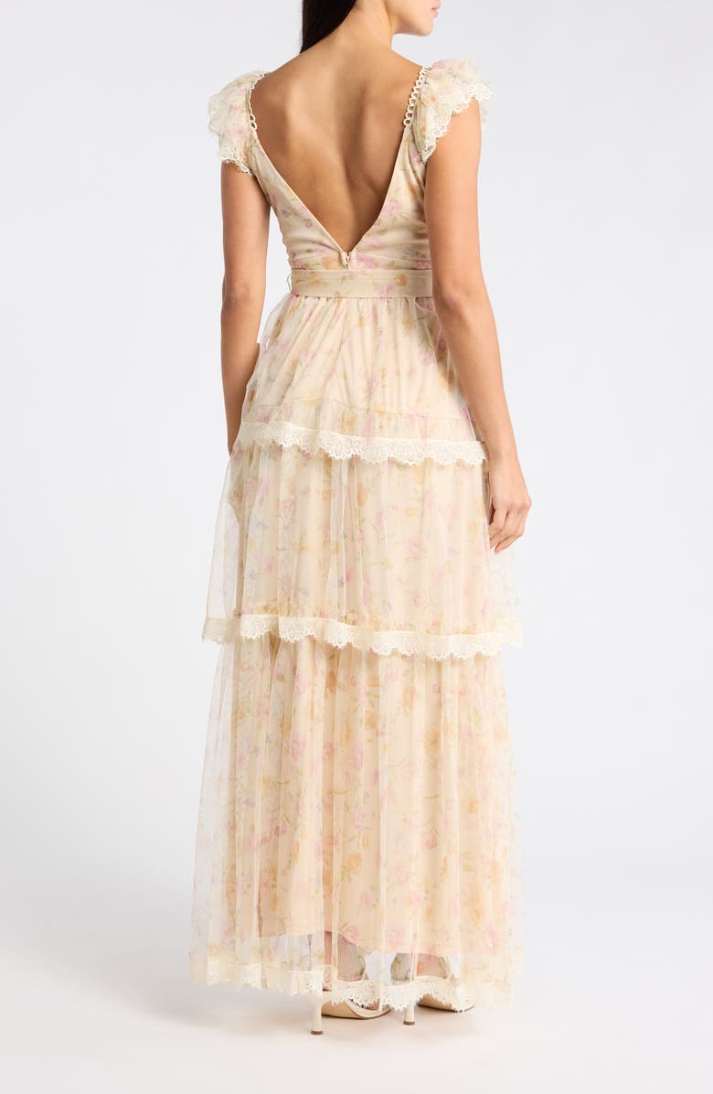 Lulus Lucia Cap Sleeve Lace Tiered Maxi Dress, Alternate, color, Taupe Floral