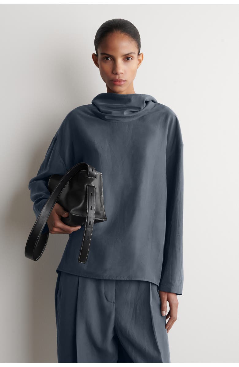 COS Crinkled-silk Funnel-neck Top, Main, color, Blue