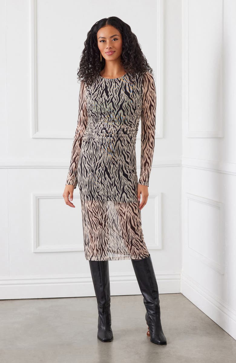 Karen Kane Long Sleeve Mesh Midi Dress, Alternate, color, Tan W/ Black