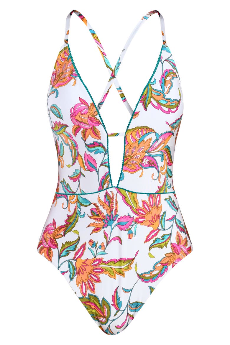 Wild Vines Plunge One-Piece Swimsuit, Alternate, color, WHITE MULTI