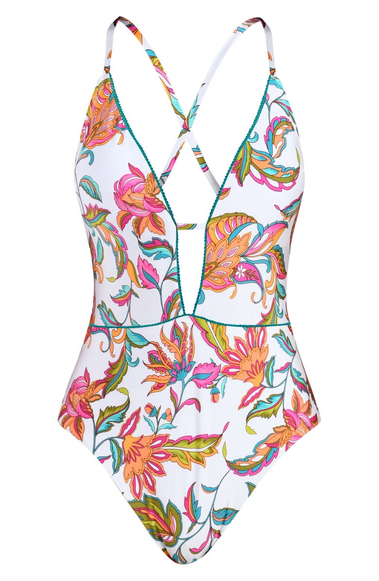 Sunshine 79 Wild Vines Plunge One-Piece Swimsuit, Alternate, color, White Multi