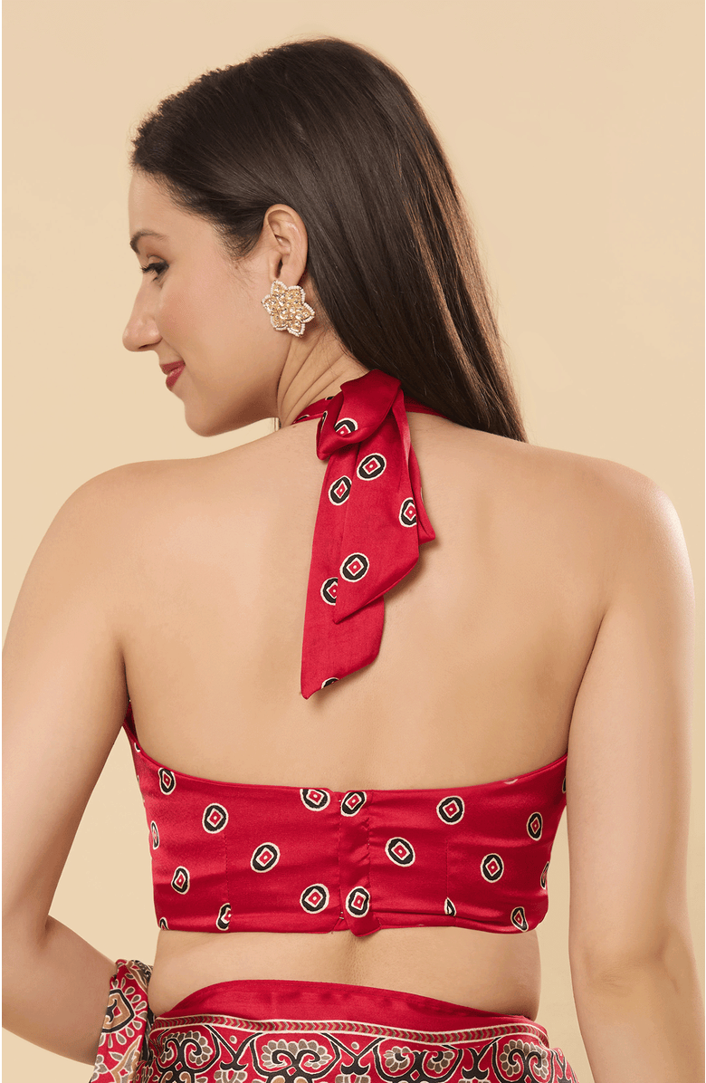 One Minute Saree<sup>®</sup> Zoya Ajrakh Red Satin Printed Halter Neck Blouse, Alternate, color, 