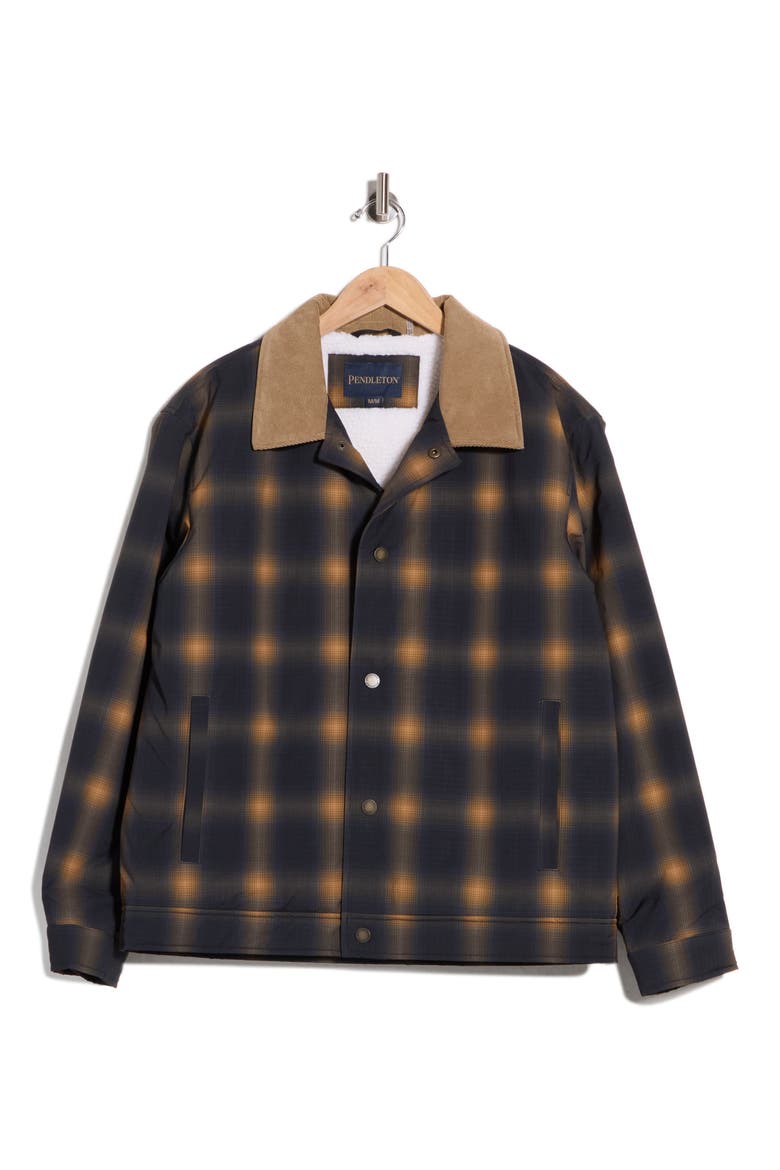 Plaid Faux Shearling Lined Ripstop Shirt Jacket, Main, color, NAVY GOLD PLAID
