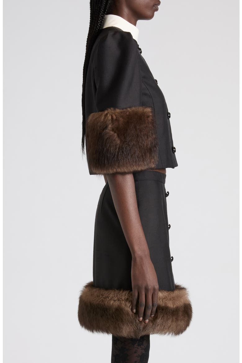 Genuine Shearling Trim Silk Shantung Jacket, Alternate, color, BLACK