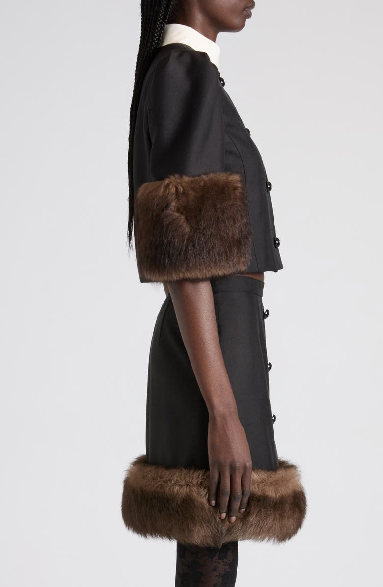 Valentino Genuine Shearling Trim Silk Shantung Jacket, Alternate, color, Black