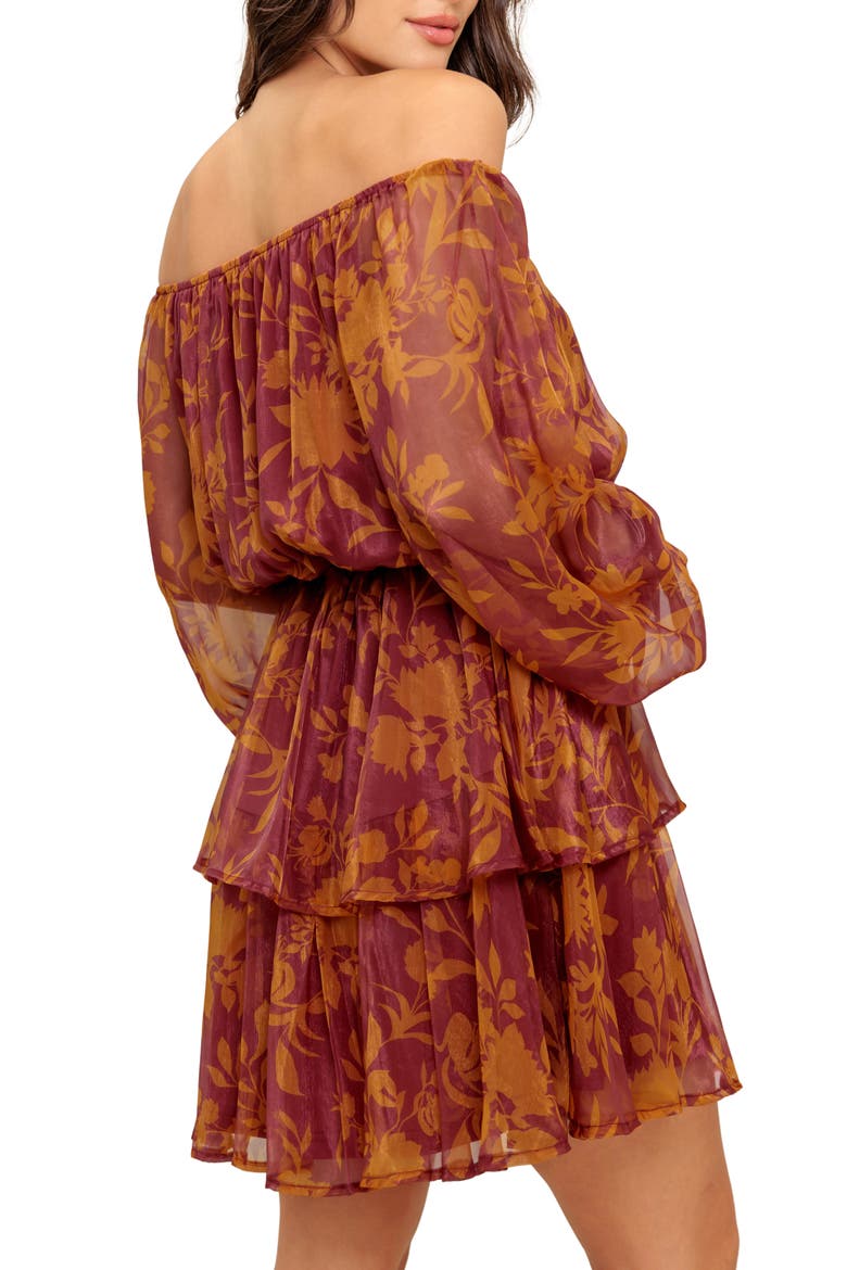 Floral Off the Shoulder Long Sleeve Minidress, Alternate, color, MAROON