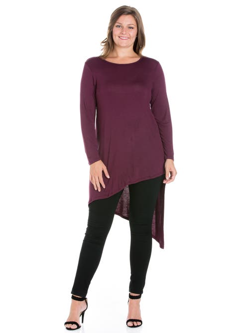 24seven Comfort Apparel Plus Size Long Sleeve Knee Length Asymmetrical Tunic Top In Purple