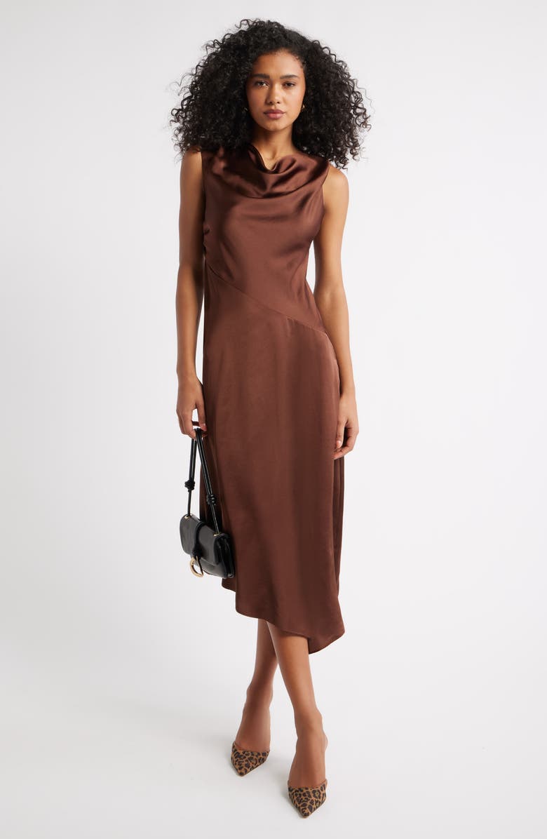 Open Edit Cowl Neck Asymmetric Satin Midi Dress, Alternate, color, Brown Soil