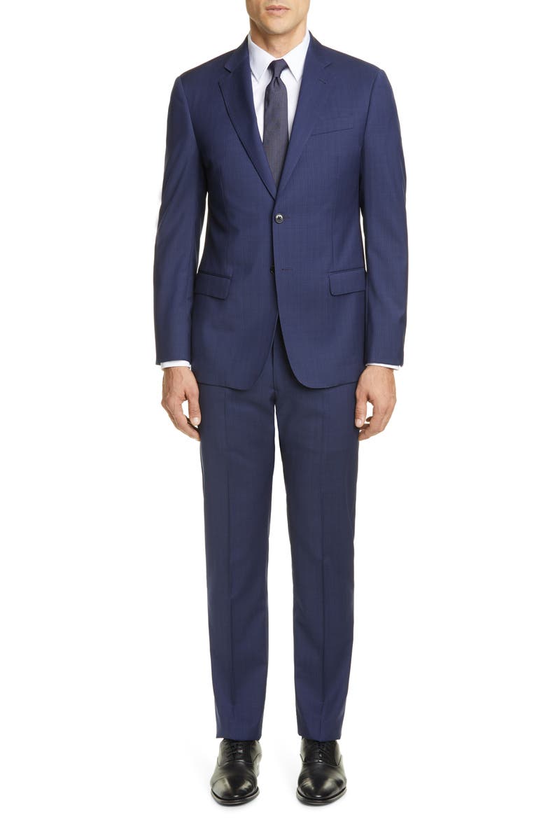 G Line Trim Fit Solid Wool Suit, Main, color, BLUE