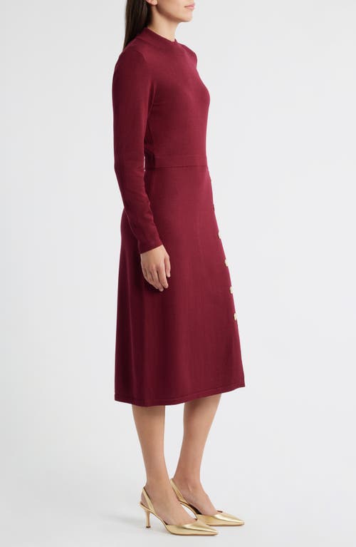 Julia Jordan Button Mock Neck Long Sleeve Midi Dress In Burgundy