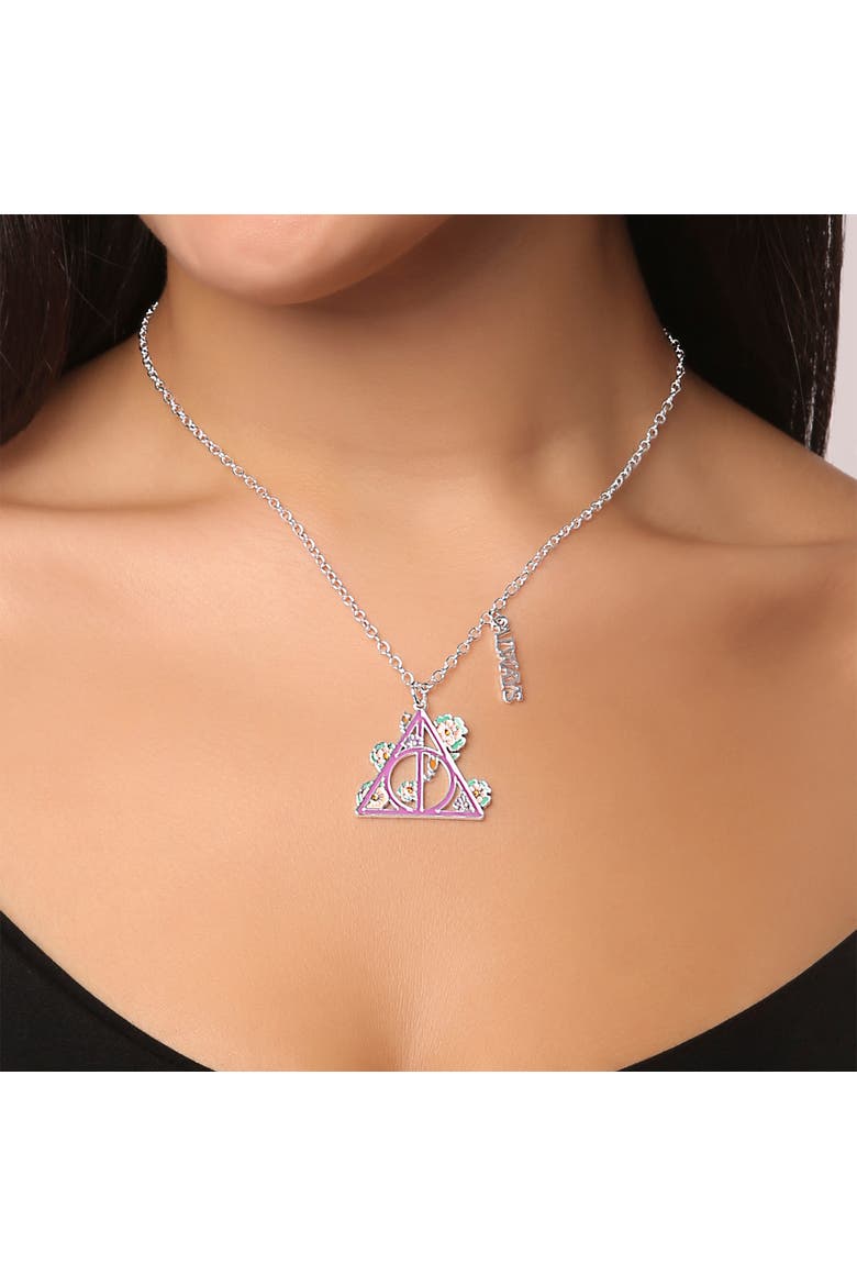 Botanical Deathly Hallows Necklace, 16"+2", Alternate, color, Silver, Purple