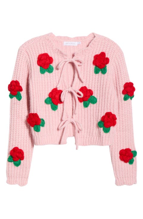3D Flower Chunky Tie Front Cardigan