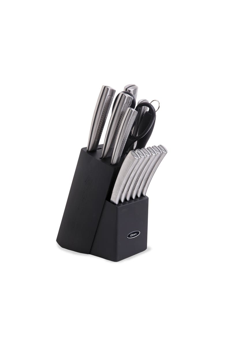 OSTER Wellisford 14 Piece Stainless Steel Cutlery Set with Black Rubber Wood Block, Main, color, Black