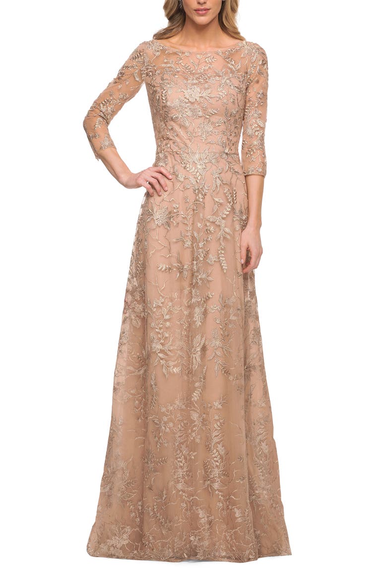 Mother of the Bride Lace Dress with Three-Quarter Sleeves, Main, color, Light Gold
