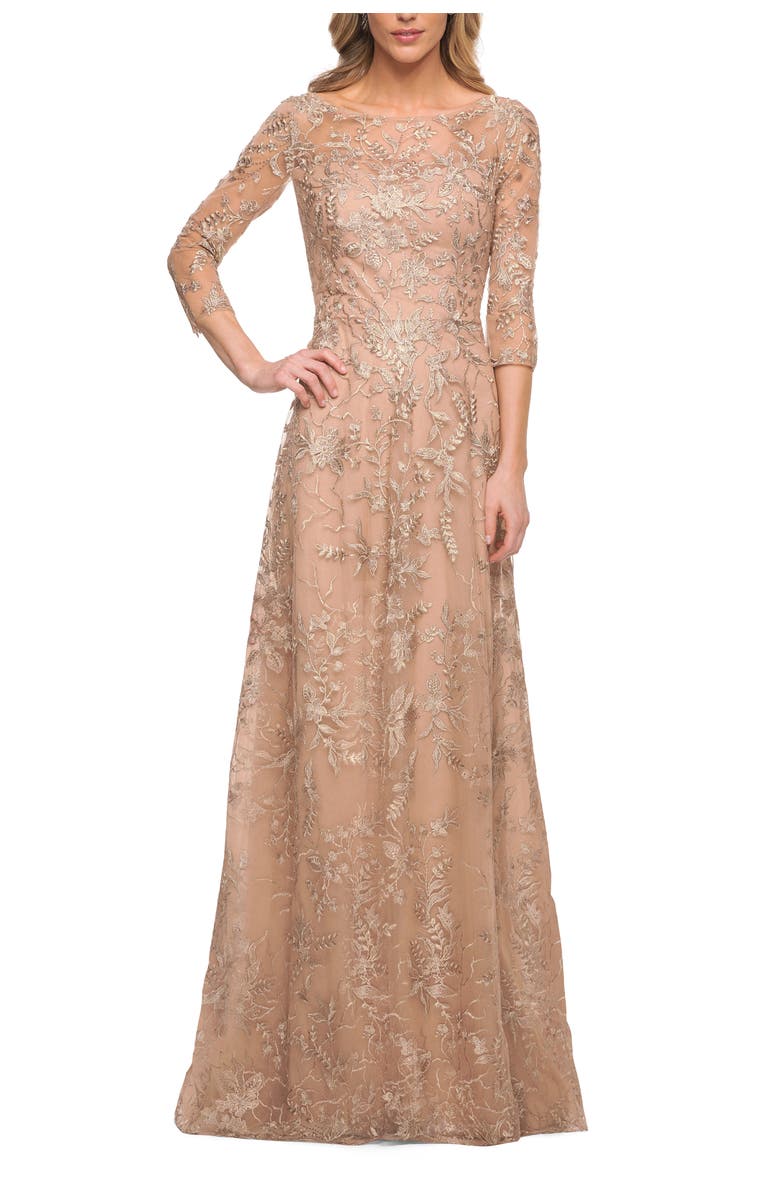 La Femme Mother of the Bride Lace Dress with Three-Quarter Sleeves, Main, color, Light Gold