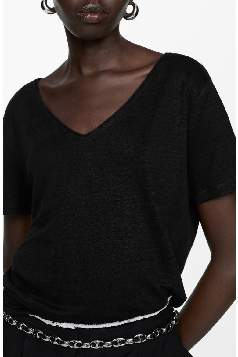 V-Neck Linen T-Shirt, Main, color, BLACK