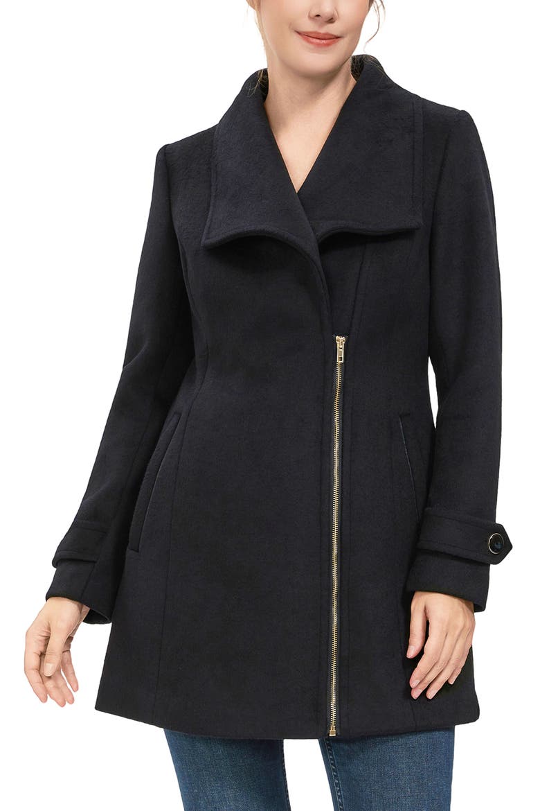 Women's Kinsley Wool Blend Zip Front Walking Coat, Alternate, color, Black