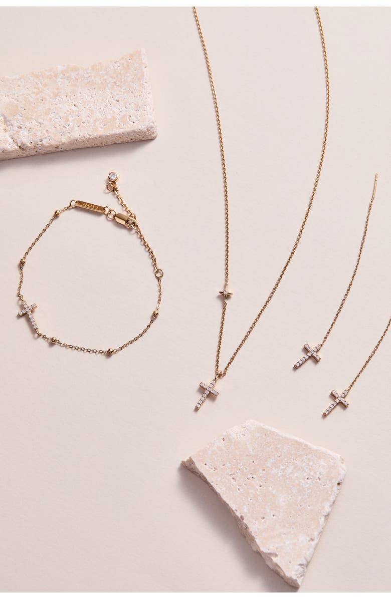 Alex and Ani Delicate Pave Cross Threader Earrings, Alternate, color, Gold