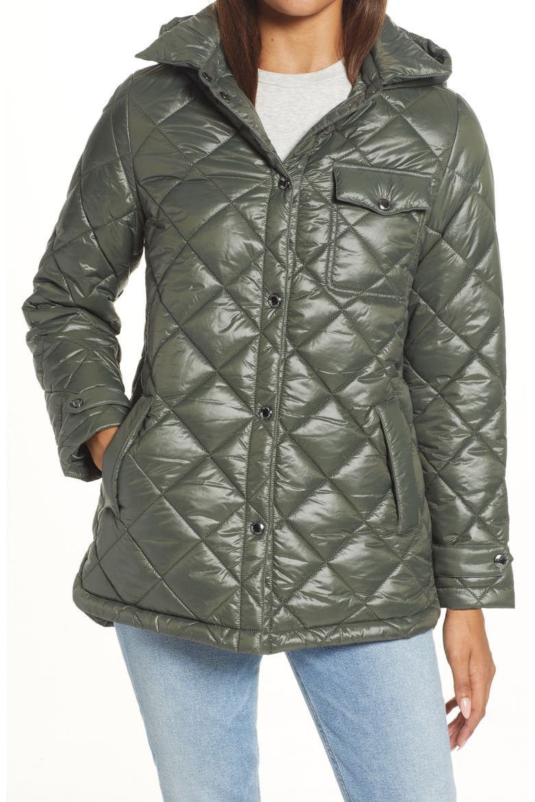 Water Repellent Diamond Quilted Jacket with Removable Hood, Main, color, LODEN
