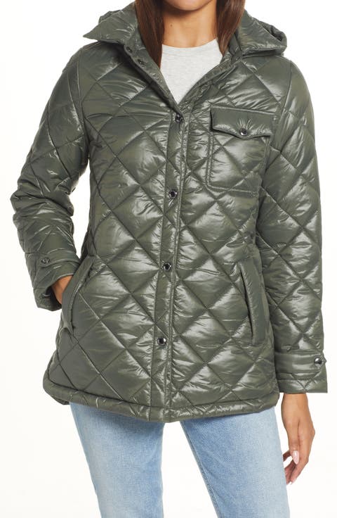 Water Repellent Diamond Quilted Jacket with Removable Hood