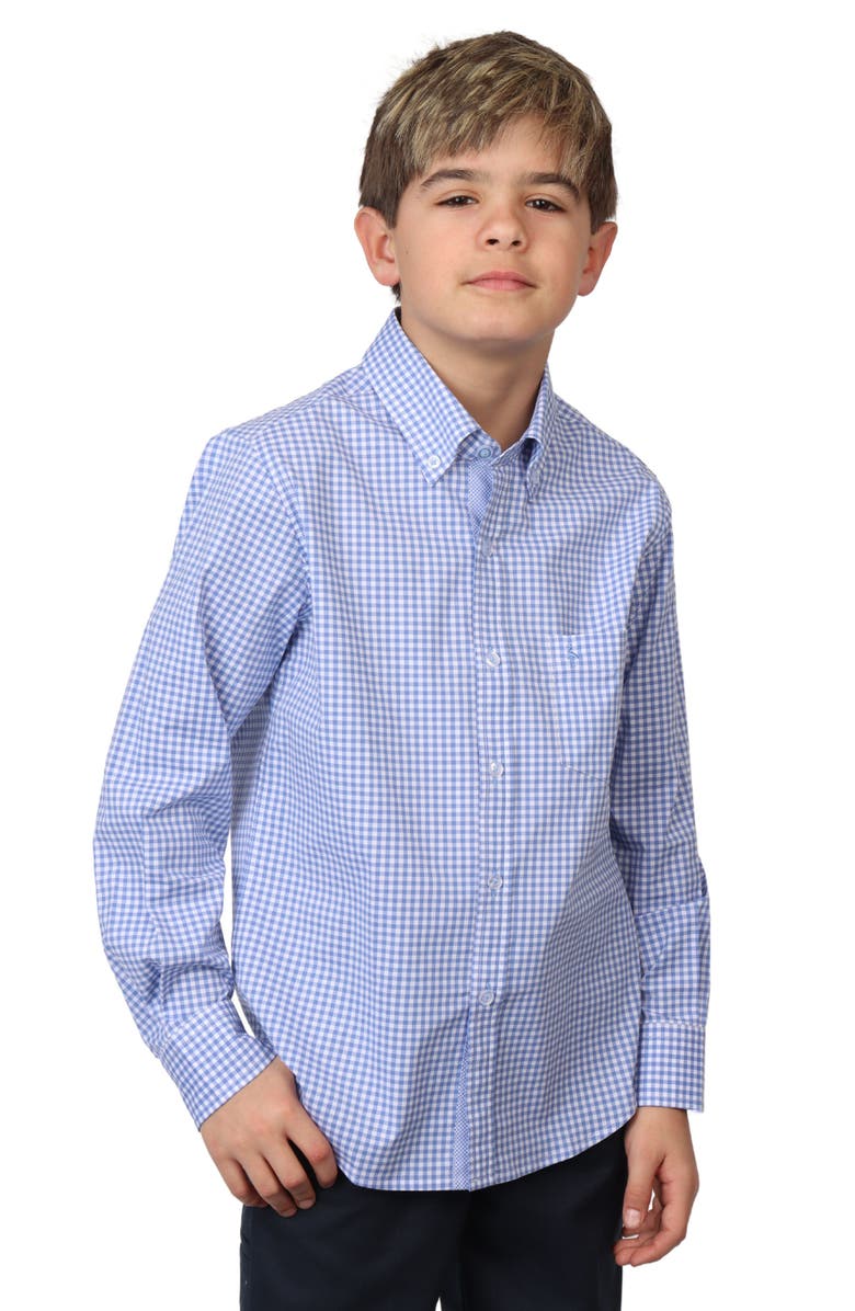 TailorByrd Kids' Micro Gingham Stretch Cotton Button-Up Shirt, Main, color, Light Blue