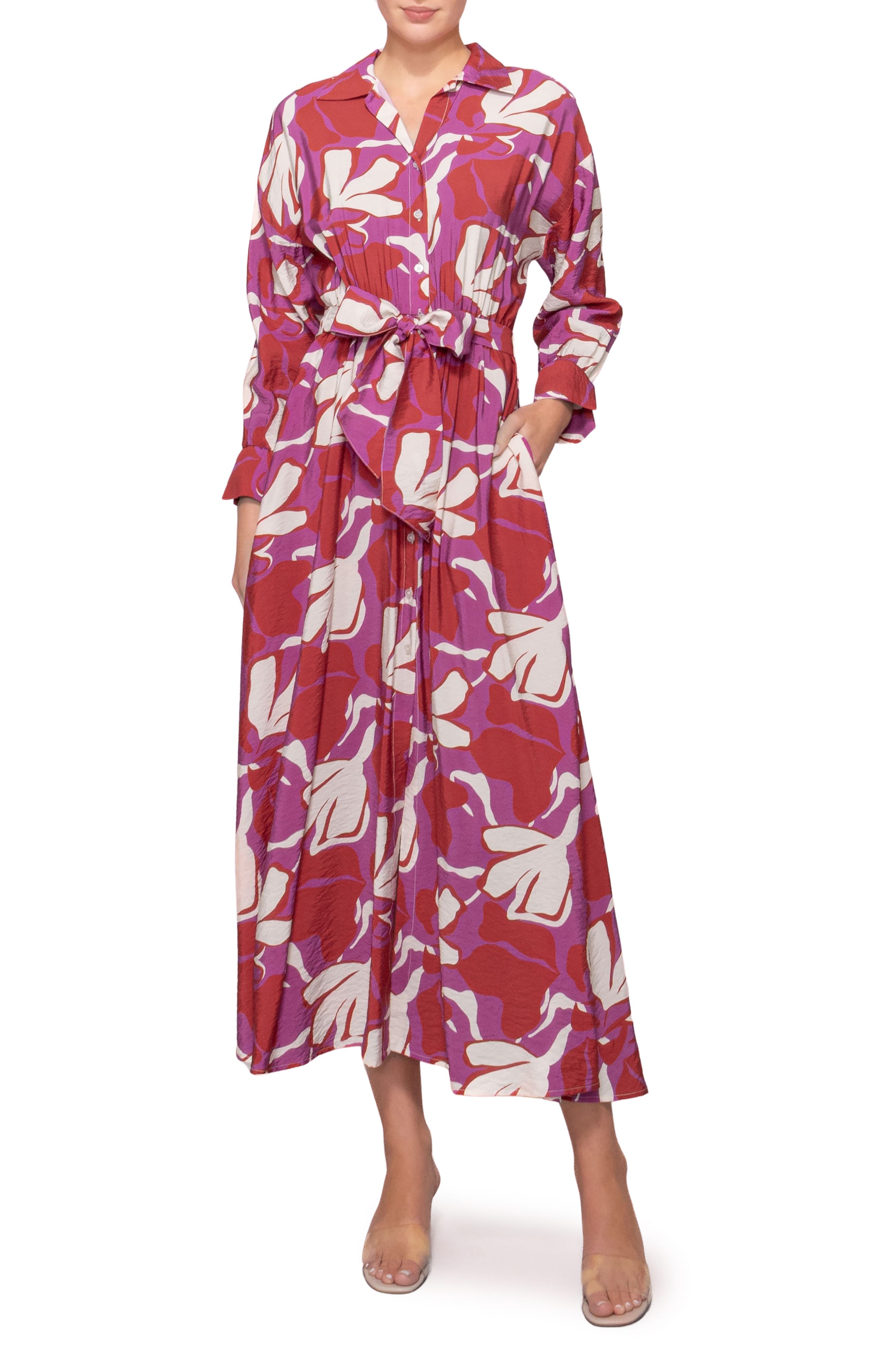 MELLODAY Print Long Sleeve Midi Shirtdress