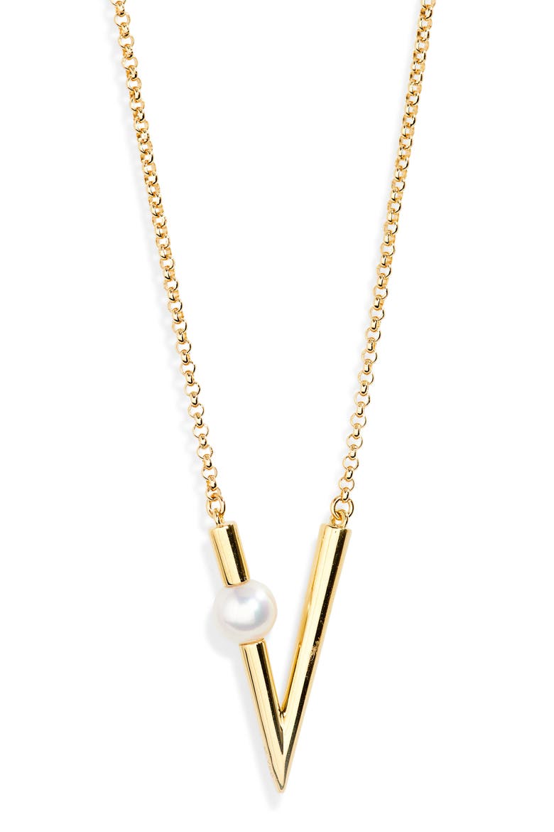Akoya Pearl Triangular Pendant Necklace, Main, color, 18KY