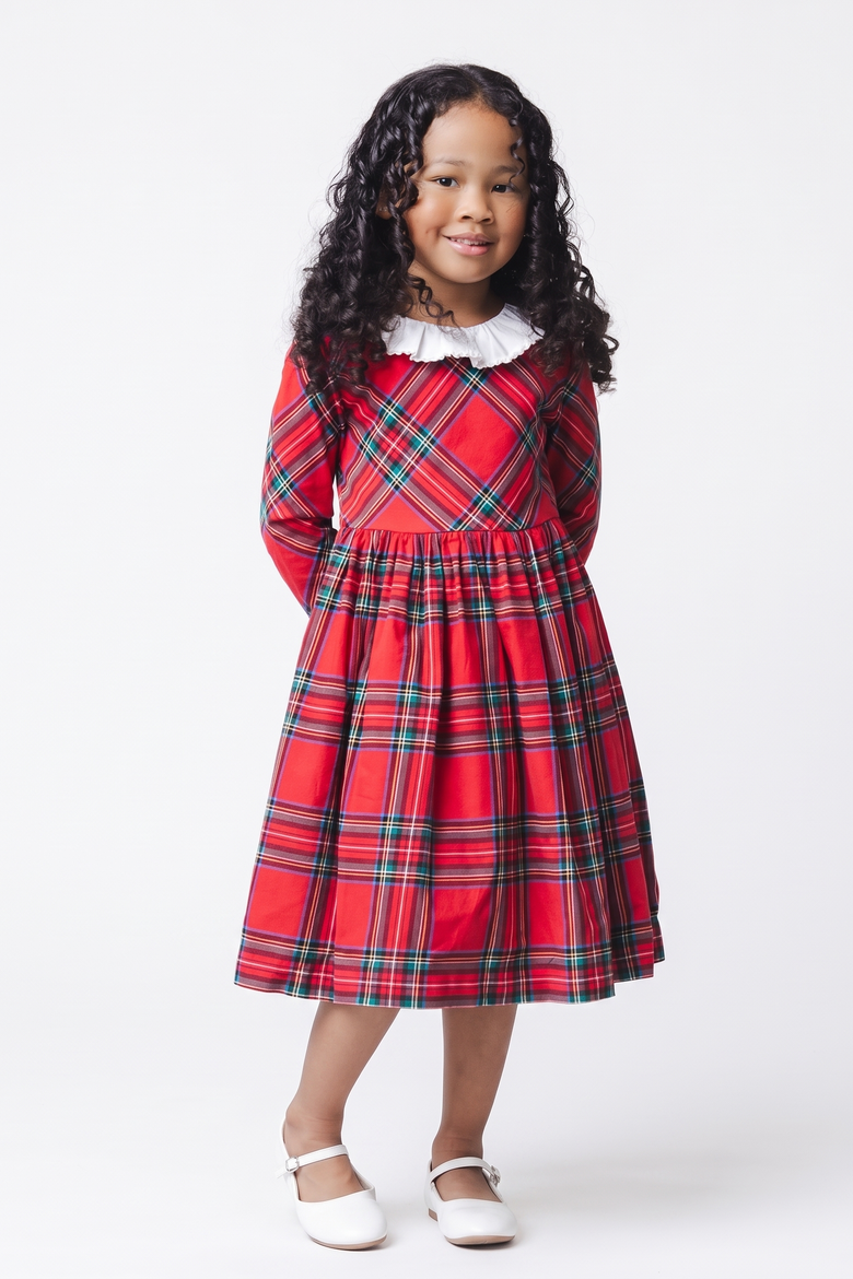 Kids' Organic Ruffle Collar Party Dress, Alternate, color, Red Holiday Tartan